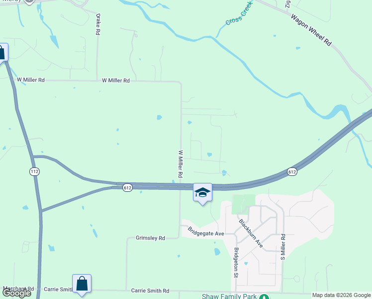 map of restaurants, bars, coffee shops, grocery stores, and more near 7863 West Miller Road in Springdale