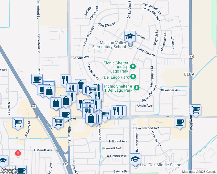 map of restaurants, bars, coffee shops, grocery stores, and more near 1562 Mirasson Court in Tulare