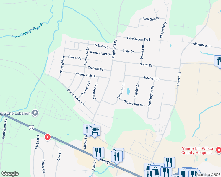 map of restaurants, bars, coffee shops, grocery stores, and more near 213 Maple Hill Road in Lebanon