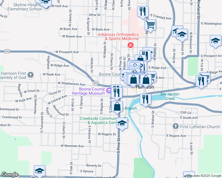 map of restaurants, bars, coffee shops, grocery stores, and more near 124 South Cherry Street in Harrison