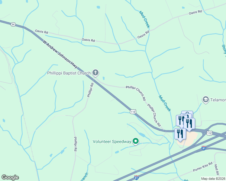 map of restaurants, bars, coffee shops, grocery stores, and more near 14650 W Andrew Johnson Hwy in Bulls Gap