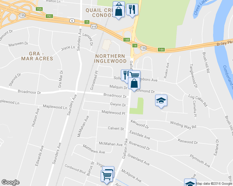 map of restaurants, bars, coffee shops, grocery stores, and more near 1007 Broadmoor Drive in Nashville