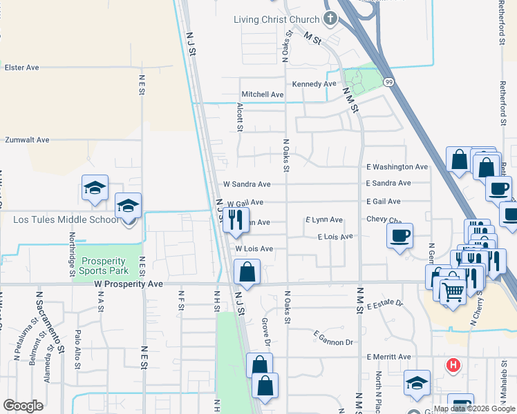 map of restaurants, bars, coffee shops, grocery stores, and more near 217 West Gail Avenue in Tulare