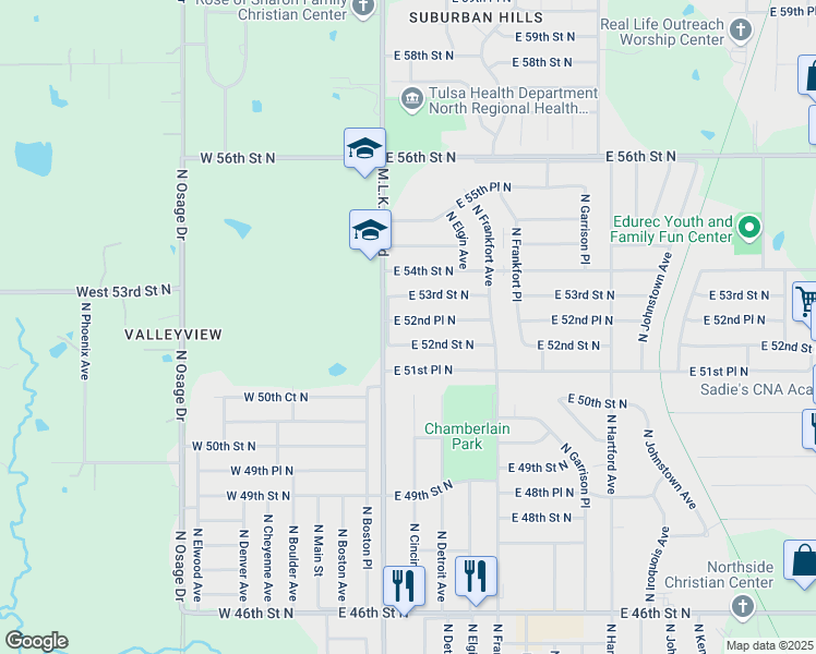 map of restaurants, bars, coffee shops, grocery stores, and more near 220 East 52nd Place North in Tulsa