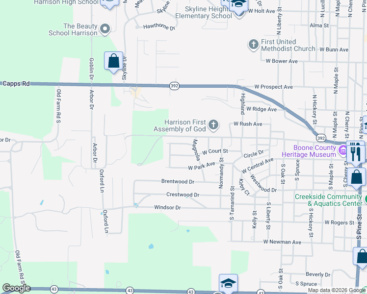 map of restaurants, bars, coffee shops, grocery stores, and more near 1503 West Court Street in Harrison
