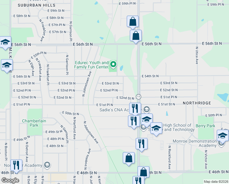 map of restaurants, bars, coffee shops, grocery stores, and more near 864 East 52nd Place North in Tulsa