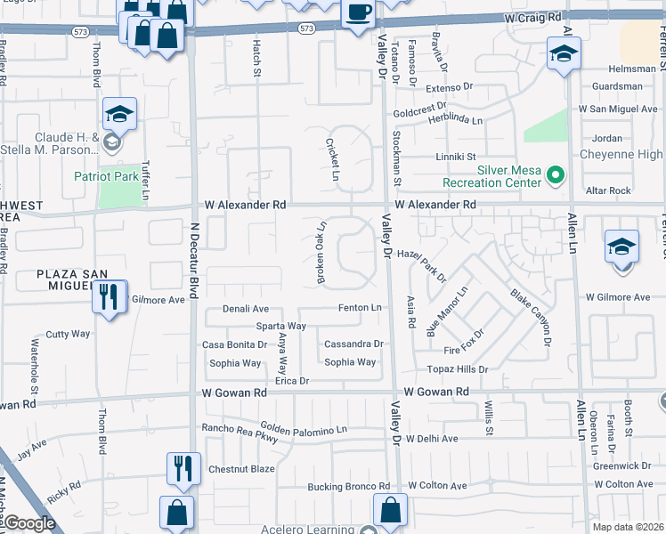 map of restaurants, bars, coffee shops, grocery stores, and more near 3829 Broken Oak Lane in North Las Vegas