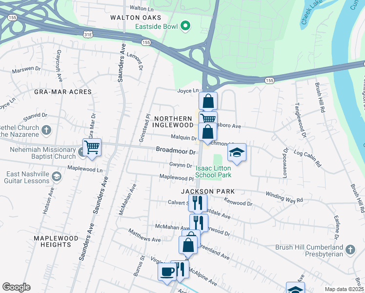 map of restaurants, bars, coffee shops, grocery stores, and more near 1007 Broadmoor Drive in Nashville