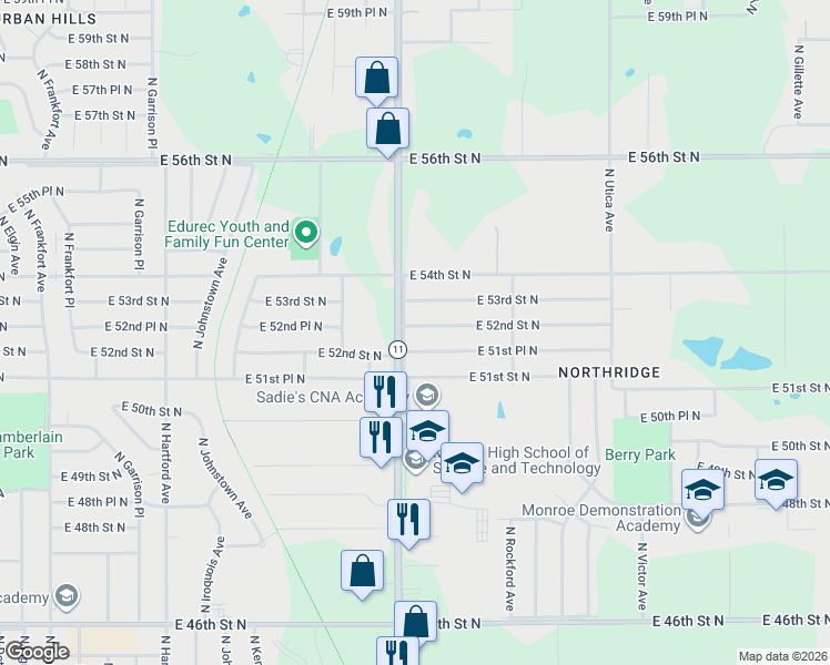 map of restaurants, bars, coffee shops, grocery stores, and more near 1318 East 52nd Street North in Tulsa