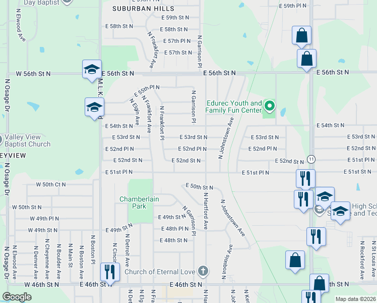map of restaurants, bars, coffee shops, grocery stores, and more near 614 East 52nd Place North in Tulsa