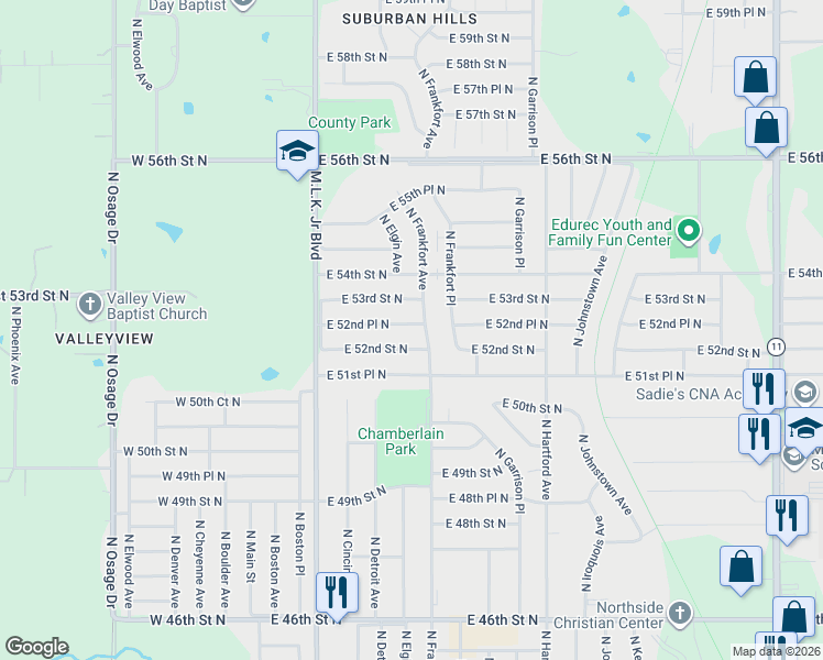 map of restaurants, bars, coffee shops, grocery stores, and more near 292 East 52nd Place North in Tulsa