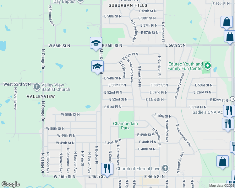 map of restaurants, bars, coffee shops, grocery stores, and more near 254 East 52nd Place North in Tulsa