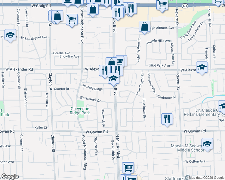 map of restaurants, bars, coffee shops, grocery stores, and more near 3836 Dusty Glen Court in North Las Vegas