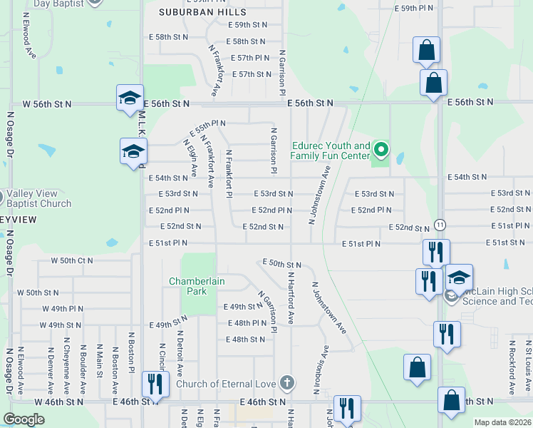 map of restaurants, bars, coffee shops, grocery stores, and more near 614 East 52nd Place North in Tulsa