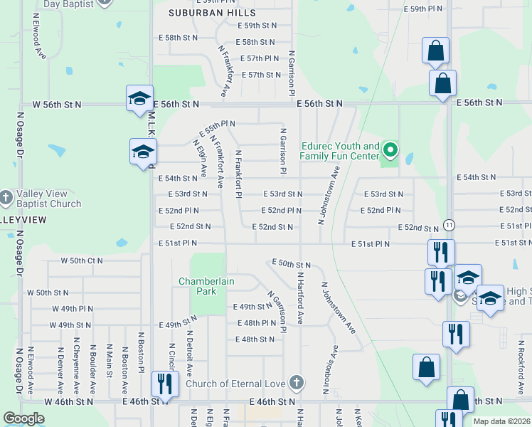 map of restaurants, bars, coffee shops, grocery stores, and more near 614 East 52nd Place North in Tulsa
