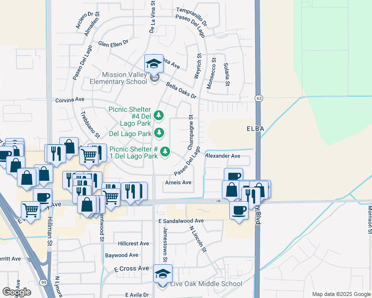 map of restaurants, bars, coffee shops, grocery stores, and more near 1671 Champagne Street in Tulare