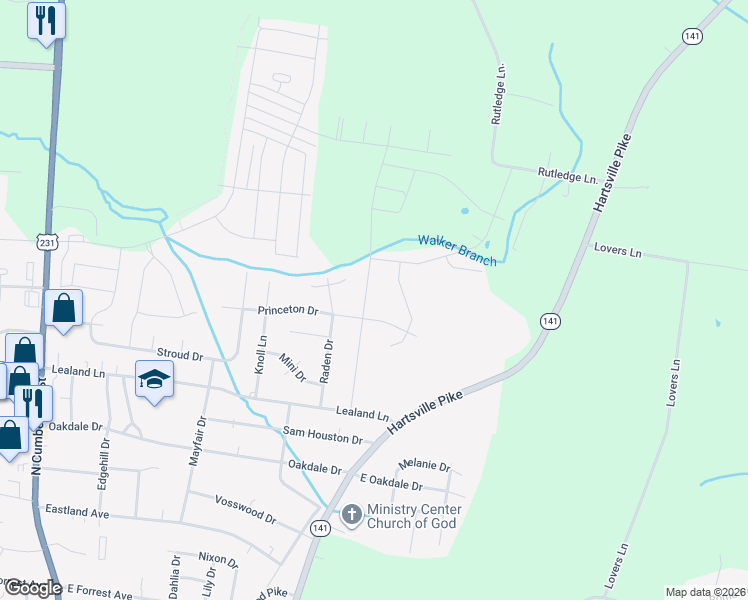 map of restaurants, bars, coffee shops, grocery stores, and more near 1405 Wrightford Drive in Lebanon