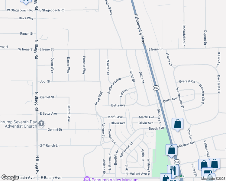 map of restaurants, bars, coffee shops, grocery stores, and more near 671 Buckhorn Avenue in Pahrump