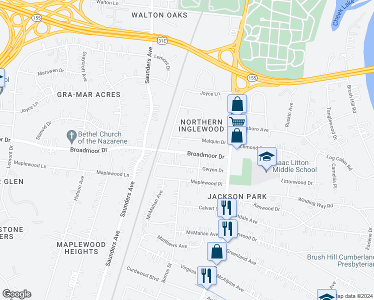 map of restaurants, bars, coffee shops, grocery stores, and more near 905 Broadmoor Drive in Nashville