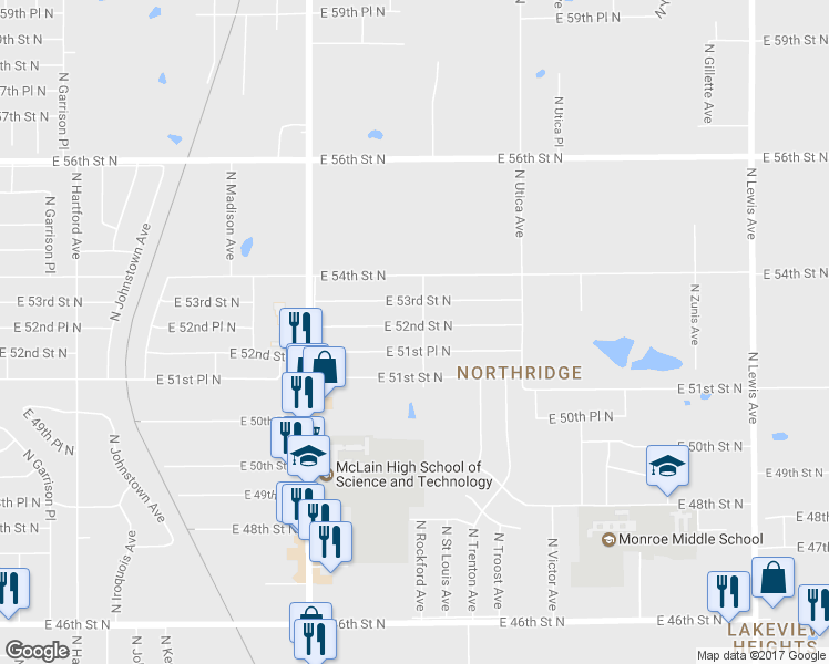 map of restaurants, bars, coffee shops, grocery stores, and more near 1390 East 52nd Street North in Tulsa