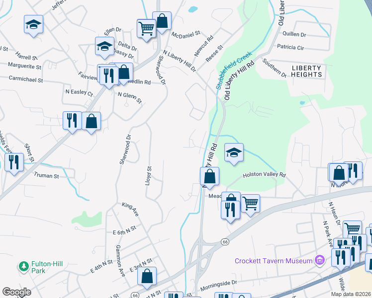 map of restaurants, bars, coffee shops, grocery stores, and more near 1021 North Liberty Hill Road in Morristown