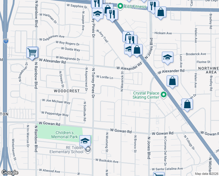 map of restaurants, bars, coffee shops, grocery stores, and more near 3816 North Old Orchard Court in Las Vegas