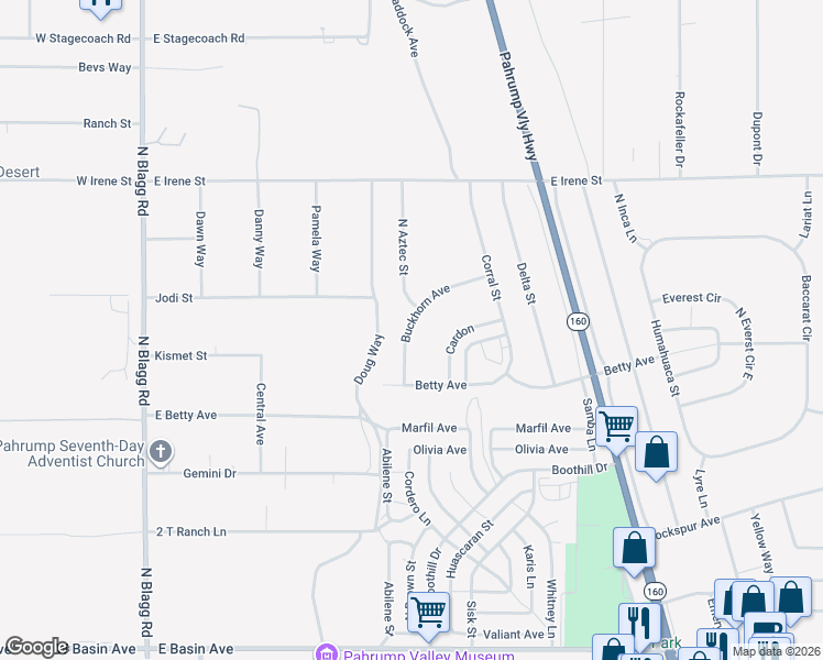 map of restaurants, bars, coffee shops, grocery stores, and more near 671 Buckhorn Avenue in Pahrump