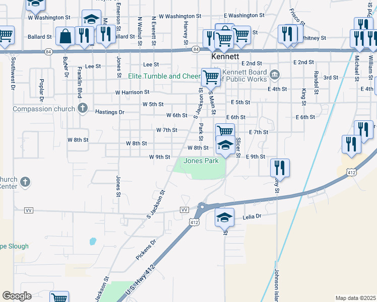 map of restaurants, bars, coffee shops, grocery stores, and more near 208 West 9th Street in Kennett