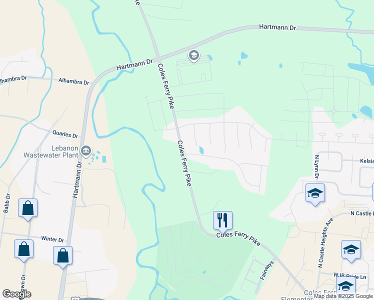 map of restaurants, bars, coffee shops, grocery stores, and more near 801 Manner Lane in Lebanon