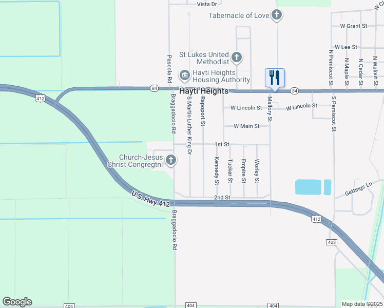 map of restaurants, bars, coffee shops, grocery stores, and more near 461 South Martin Luther King Drive in Hayti Heights