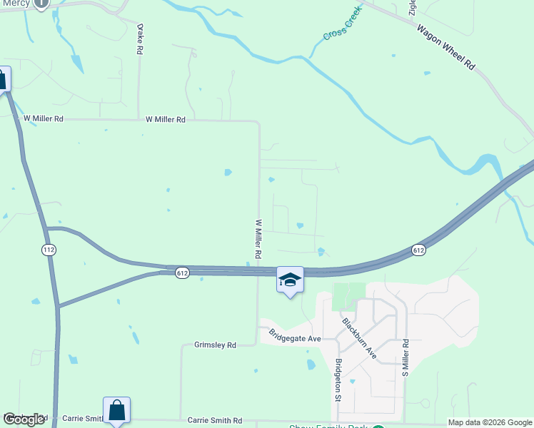 map of restaurants, bars, coffee shops, grocery stores, and more near 7863 West Miller Road in Springdale
