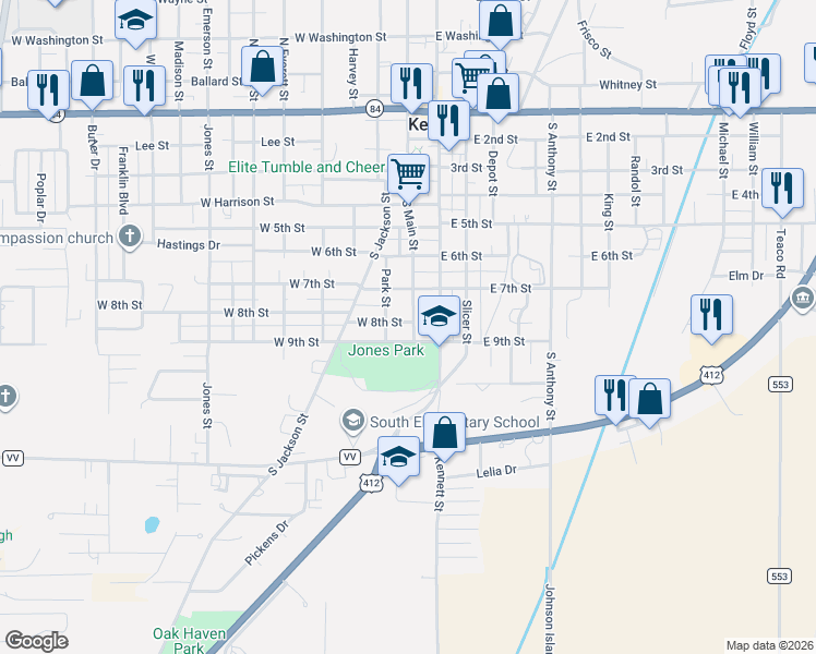 map of restaurants, bars, coffee shops, grocery stores, and more near 108 West 9th Street in Kennett