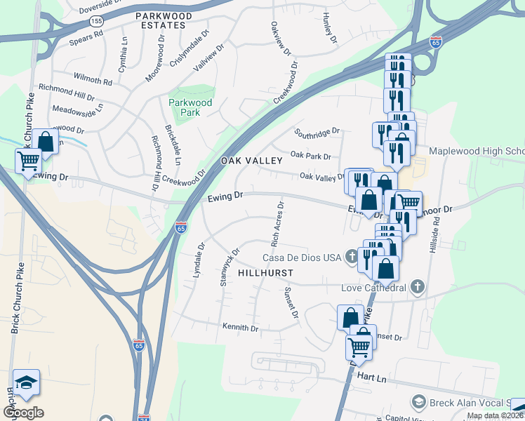map of restaurants, bars, coffee shops, grocery stores, and more near 3021 Lyndale Drive in Nashville