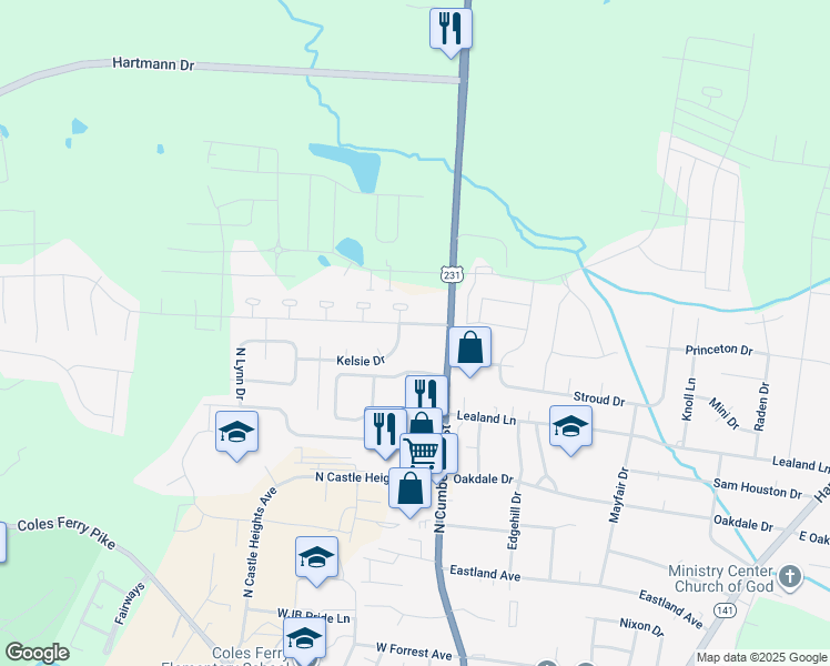 map of restaurants, bars, coffee shops, grocery stores, and more near 1376 Kelsie Drive in Lebanon