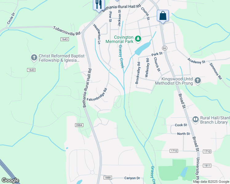 map of restaurants, bars, coffee shops, grocery stores, and more near 6900 Falconbridge Court in Rural Hall