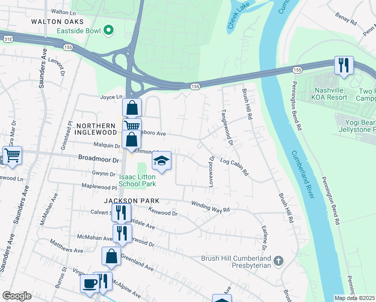 map of restaurants, bars, coffee shops, grocery stores, and more near 1205 Richmond Drive in Nashville