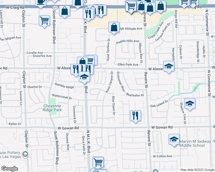 map of restaurants, bars, coffee shops, grocery stores, and more near 3849 Rose Canyon Drive in North Las Vegas