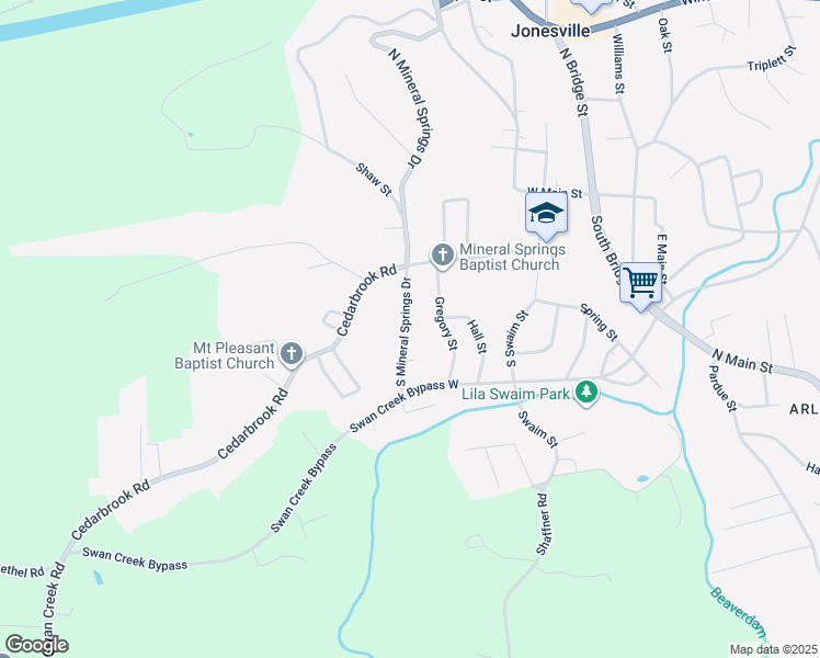 map of restaurants, bars, coffee shops, grocery stores, and more near 525 South Mineral Springs Drive in Jonesville