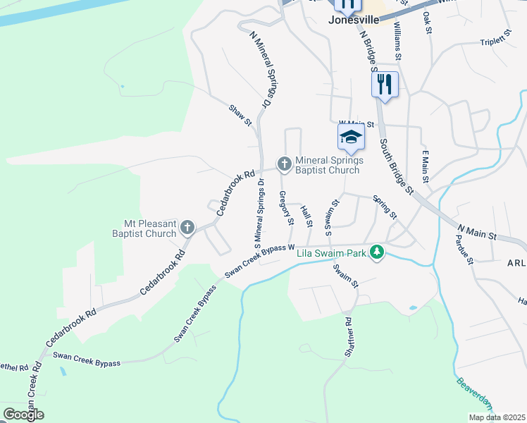 map of restaurants, bars, coffee shops, grocery stores, and more near 525 South Mineral Springs Drive in Jonesville