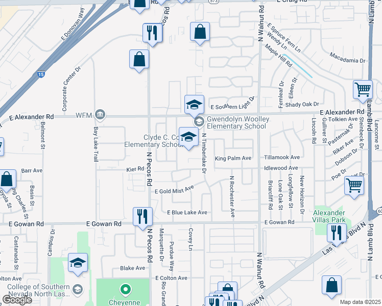 map of restaurants, bars, coffee shops, grocery stores, and more near 3855 North Timberlake Drive in Las Vegas