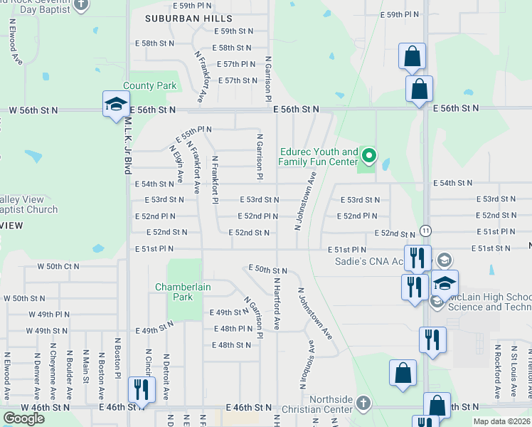 map of restaurants, bars, coffee shops, grocery stores, and more near 652 East 52nd Place North in Tulsa