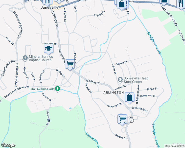 map of restaurants, bars, coffee shops, grocery stores, and more near 118 Dogwood Drive in Jonesville