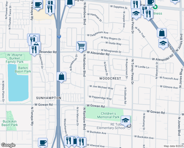 map of restaurants, bars, coffee shops, grocery stores, and more near 6640 West Gatehouse Lane in Las Vegas
