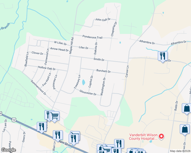 map of restaurants, bars, coffee shops, grocery stores, and more near 715 Capitol Drive in Lebanon