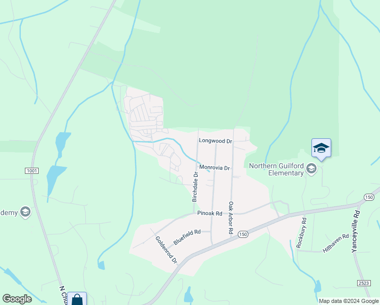 map of restaurants, bars, coffee shops, grocery stores, and more near 8405 Birchdale Drive in Greensboro