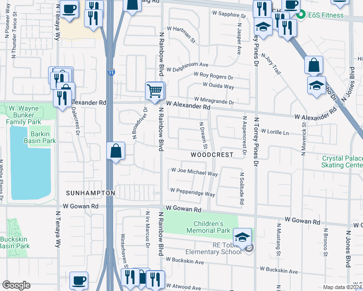 map of restaurants, bars, coffee shops, grocery stores, and more near 3805 North Twig Lane in Las Vegas