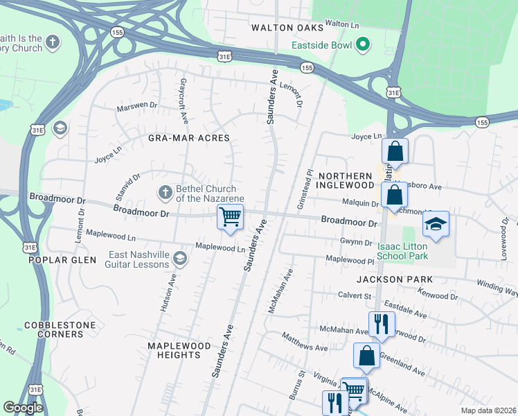 map of restaurants, bars, coffee shops, grocery stores, and more near 4311 Saunders Avenue in Nashville