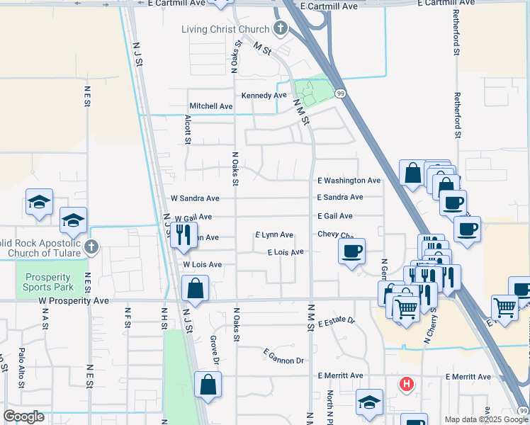 map of restaurants, bars, coffee shops, grocery stores, and more near 214 East Gail Avenue in Tulare