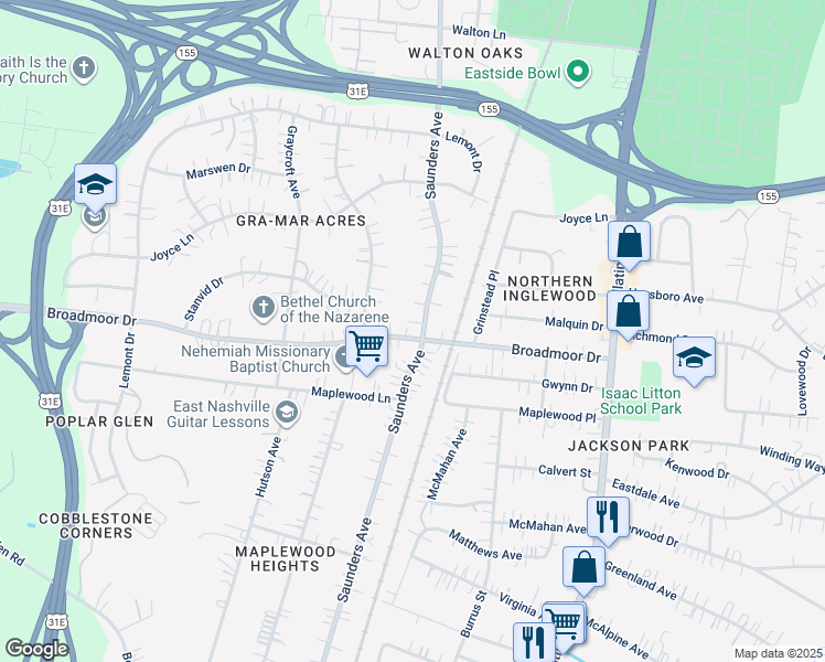 map of restaurants, bars, coffee shops, grocery stores, and more near 4311 Saunders Avenue in Nashville