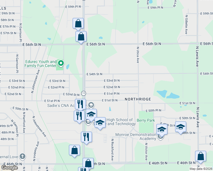 map of restaurants, bars, coffee shops, grocery stores, and more near 1390 East 52nd Street North in Tulsa